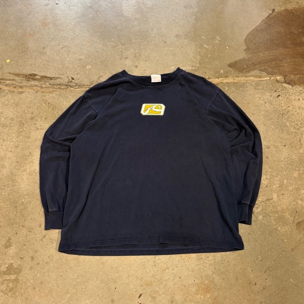 Vintage Rusty Long Sleeve Graphic T-Shirt Navy Blue Mens Large R Dot Logo 90s